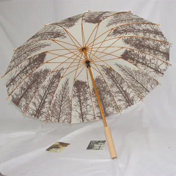 Çin Tarzı Retro Sanatsal ve Antik Stil 16 Kemik Uzun Saplı Şemsiye Ahşap Saplı Düz Saplı Kişiselleştirilmiş Yaratıcı