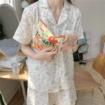 Çiçek Baskı Yaz Pijama Seti %100 % Pamuk Tatlı Pijama Cepler Tek Göğüslü Gömlek + şort takımı Iki Parçalı Ev Takım Elbise