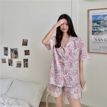 Çiçek Baskı Yaz Pijama Seti Kadın Kore Kawaii Ev Takım Elbise Pijama Pamuk Tatlı Gevşek Yumuşak Ev Giysileri Vintage