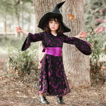 Çocuk Mor Yıldız Ay Büyücü Cadı Kostüm Cosplay Fantasia Cadılar Bayramı Kostümleri