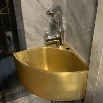 Özelleştirilmiş İnce Kenar Fan Şeklinde Masa Havzası Lavabo Mini Büyük Boy Köşe Banyo Banyo Özelleştirilmiş Pirinç Metal Sayaç