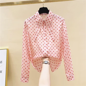 Şifon Polka Dor Kadın Gömlek Yaz Yeni 2022 İnce Moda Tasarım Ofis Bayan Zarif Dış Giyim Tops