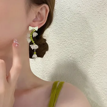 Japonya Ve Güney Kore Yeni Mücevher Dokuma Vadi zambağı Çiçek Tatlı Ve Sevimli Yeşil Uzun kadın Küpe