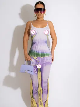 WJFZQM Rahat Spagetti Askı Backless Bodycon Parti Kulübü Hipster Kadın RobeAesthetic 3D Baskı Maxi Elbise Kadınlar Y2K Sonbahar Sıcak